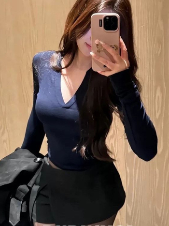 Tricou dama din catifea torsionată cu decolteu în V, mâneci lungi, 230 g, croială Slim