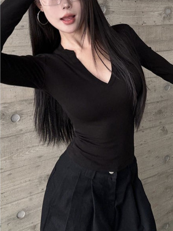 Tricou dama din catifea torsionată cu decolteu în V, mâneci lungi, 230 g, croială Slim