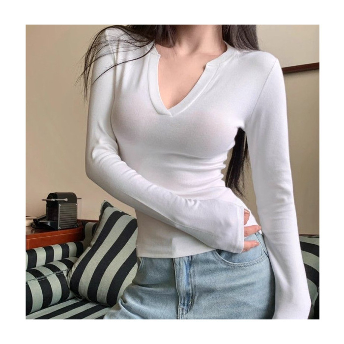 Tricou dama din catifea torsionată cu decolteu în V, mâneci lungi, 230 g, croială Slim