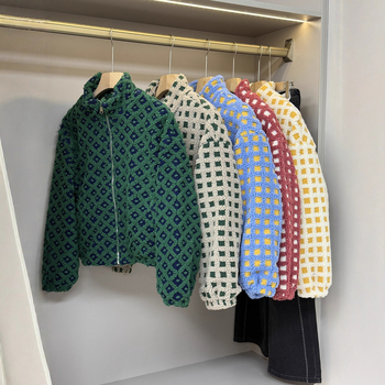 Geacă jacquard pătrat cu blană sintetică de miel, fermoar, stil cuplu, toamnă-iarnă retro casual top 9555