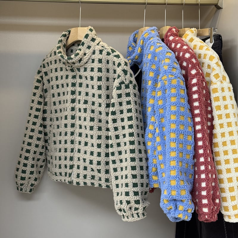 Geacă jacquard pătrat cu blană sintetică de miel, fermoar, stil cuplu, toamnă-iarnă retro casual top 9555
