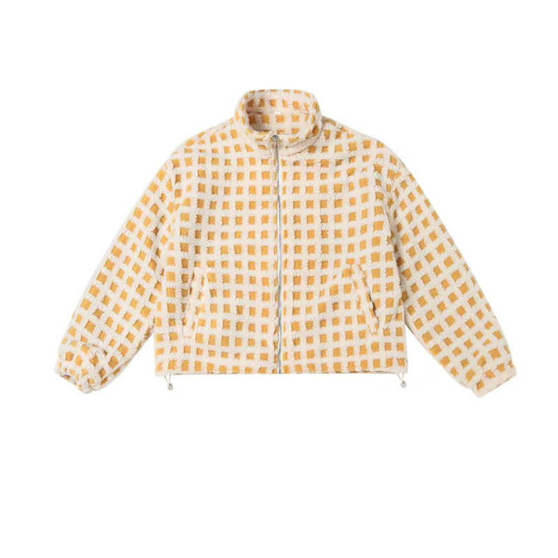 Geacă jacquard pătrat cu blană sintetică de miel, fermoar, stil cuplu, toamnă-iarnă retro casual top 9555