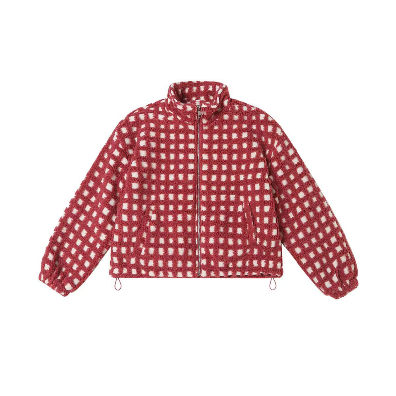 Geacă jacquard pătrat cu blană sintetică de miel, fermoar, stil cuplu, toamnă-iarnă retro casual top 9555