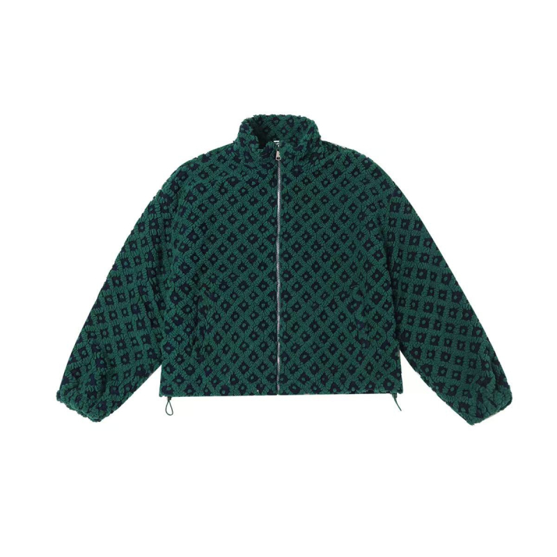 Geacă jacquard pătrat cu blană sintetică de miel, fermoar, stil cuplu, toamnă-iarnă retro casual top 9555