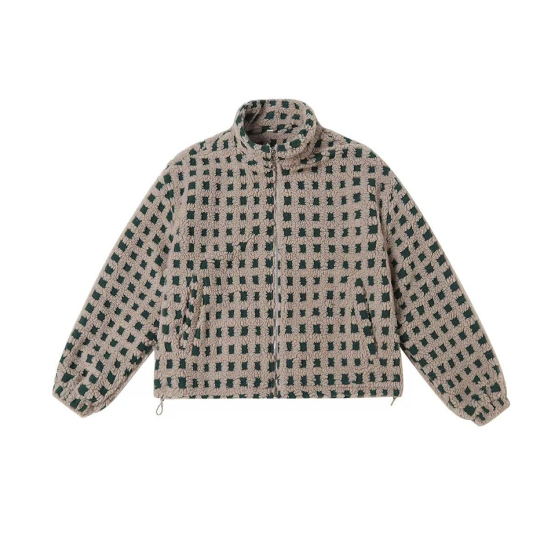 Geacă jacquard pătrat cu blană sintetică de miel, fermoar, stil cuplu, toamnă-iarnă retro casual top 9555