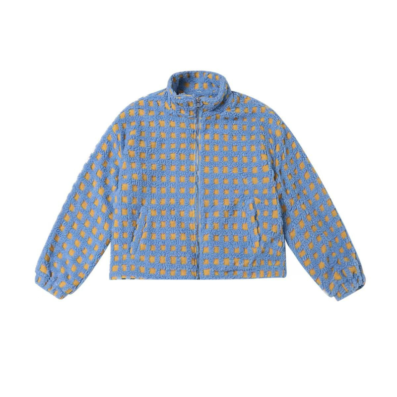Geacă jacquard pătrat cu blană sintetică de miel, fermoar, stil cuplu, toamnă-iarnă retro casual top 9555