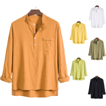Férfi casual hosszú ujjú ing álló gallérral, pamut-len keverék, slim fit, plusz méret, több színben