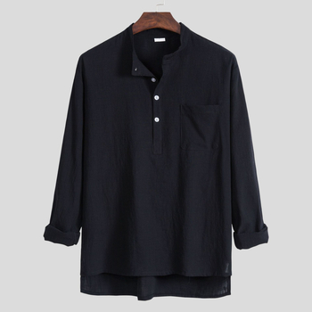 Férfi casual hosszú ujjú ing álló gallérral, pamut-len keverék, slim fit, plusz méret, több színben