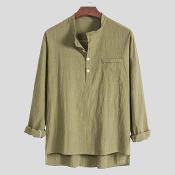 Férfi casual hosszú ujjú ing álló gallérral, pamut-len keverék, slim fit, plusz méret, több színben
