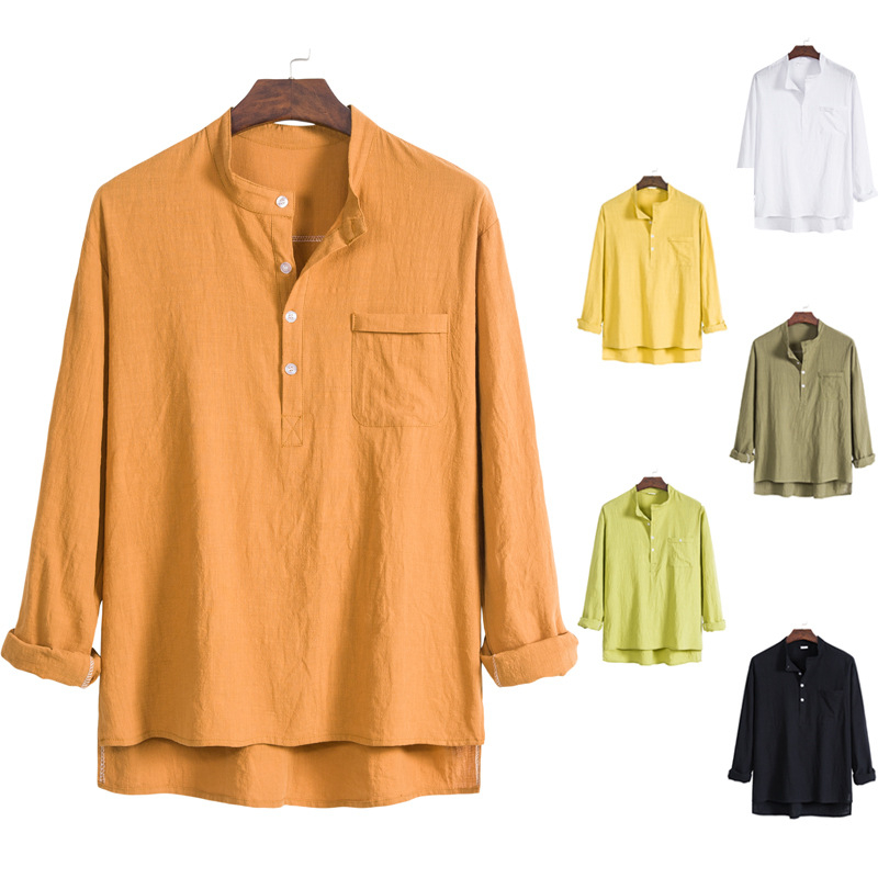 Férfi casual hosszú ujjú ing álló gallérral, pamut-len keverék, slim fit, plusz méret, több színben