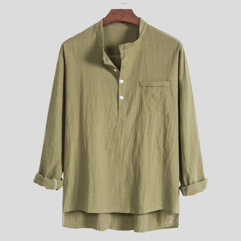 Férfi casual hosszú ujjú ing álló gallérral, pamut-len keverék, slim fit, plusz méret, több színben