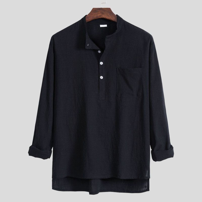 Férfi casual hosszú ujjú ing álló gallérral, pamut-len keverék, slim fit, plusz méret, több színben
