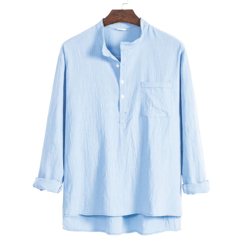 Férfi casual hosszú ujjú ing álló gallérral, pamut-len keverék, slim fit, plusz méret, több színben