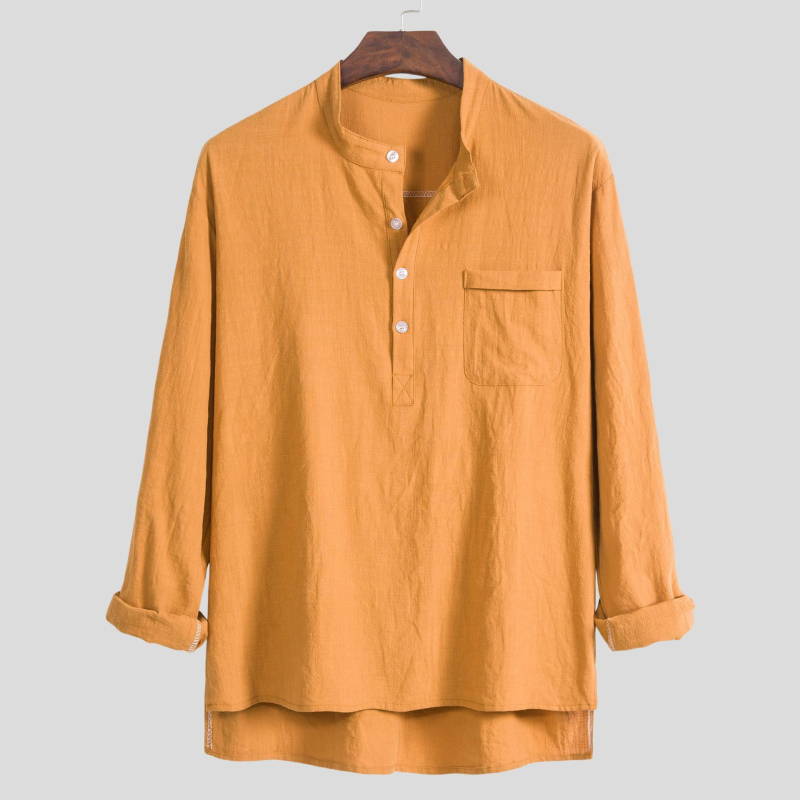 Férfi casual hosszú ujjú ing álló gallérral, pamut-len keverék, slim fit, plusz méret, több színben