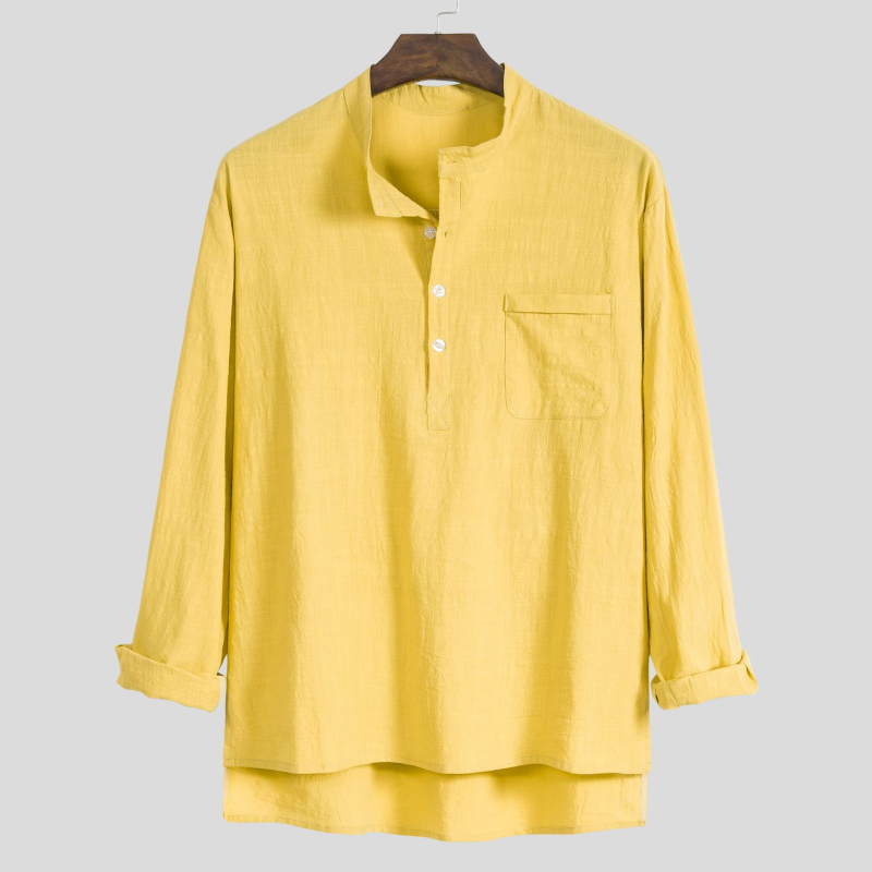 Férfi casual hosszú ujjú ing álló gallérral, pamut-len keverék, slim fit, plusz méret, több színben