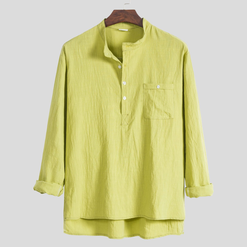Férfi casual hosszú ujjú ing álló gallérral, pamut-len keverék, slim fit, plusz méret, több színben