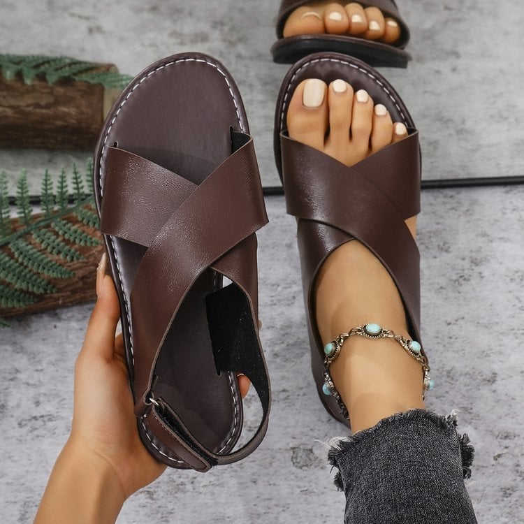 Ženske retro ravne sandale s Velcro kopčom, plus veličina, okrugli vrh, plažne sandale, ljeto 2024