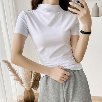 Tricou alb pentru femei, mânecă scurtă, guler semiînalt, croială slim, vară 2024, stil nou