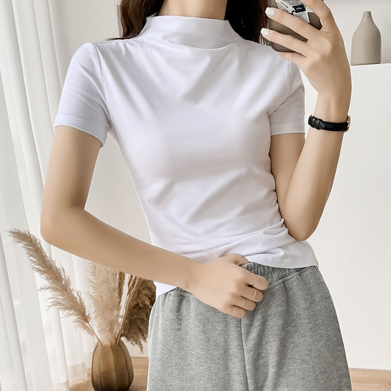 Tricou alb pentru femei, mânecă scurtă, guler semiînalt, croială slim, vară 2024, stil nou