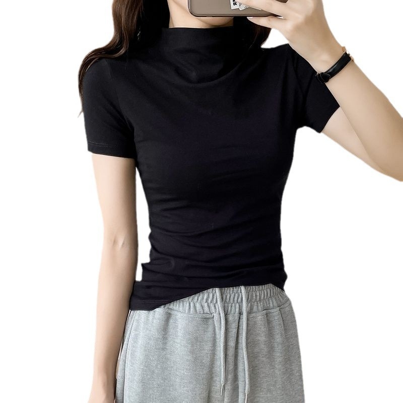 Tricou alb pentru femei, mânecă scurtă, guler semiînalt, croială slim, vară 2024, stil nou