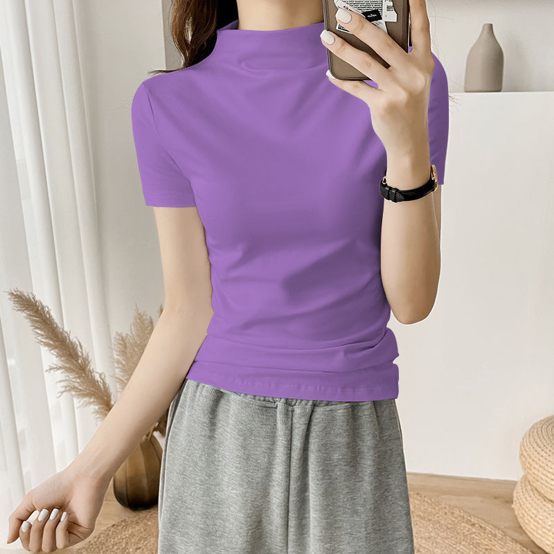 Tricou alb pentru femei, mânecă scurtă, guler semiînalt, croială slim, vară 2024, stil nou
