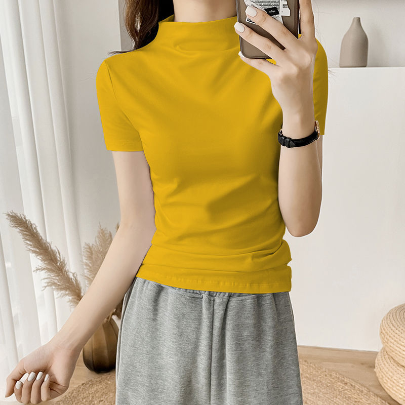Tricou alb pentru femei, mânecă scurtă, guler semiînalt, croială slim, vară 2024, stil nou