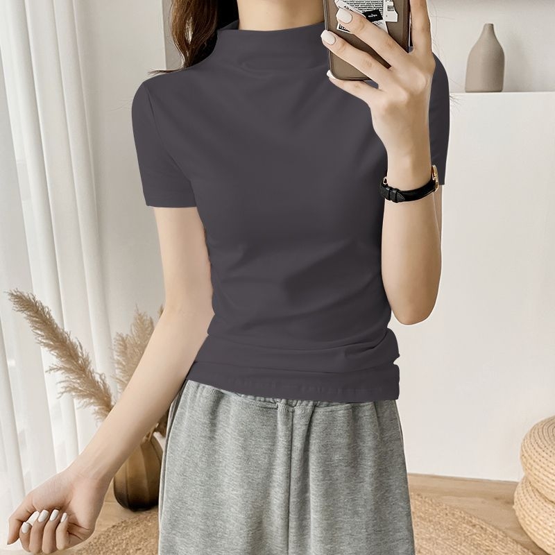 Tricou alb pentru femei, mânecă scurtă, guler semiînalt, croială slim, vară 2024, stil nou