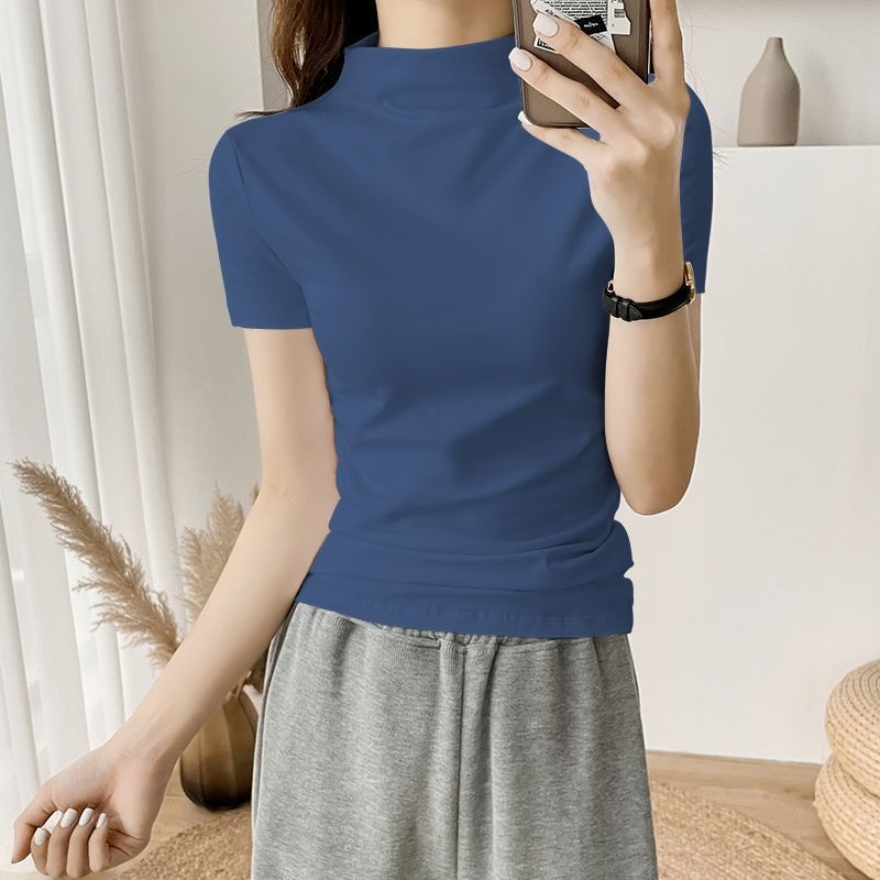 Tricou alb pentru femei, mânecă scurtă, guler semiînalt, croială slim, vară 2024, stil nou