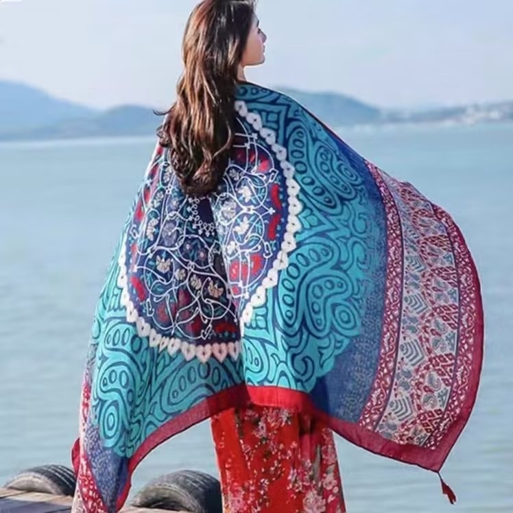 Őszi–téli etnikus stílusú pamut twill sál utazáshoz, napvédő kendő, nyomtatott tengerparti nyaraláshoz, 180×90 cm