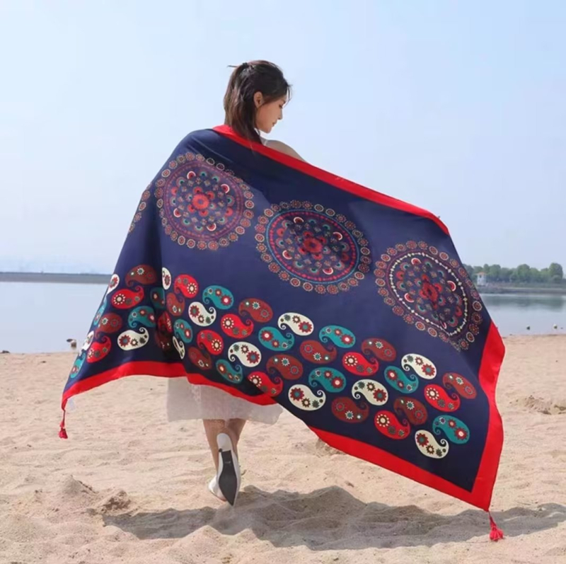 Őszi–téli etnikus stílusú pamut twill sál utazáshoz, napvédő kendő, nyomtatott tengerparti nyaraláshoz, 180×90 cm