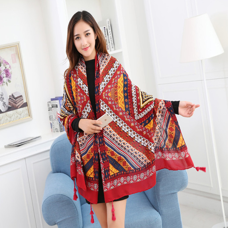 Őszi–téli etnikus stílusú pamut twill sál utazáshoz, napvédő kendő, nyomtatott tengerparti nyaraláshoz, 180×90 cm