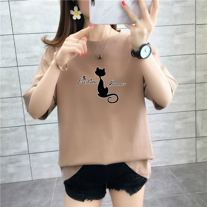 Tricou de damă lejer, plus size, lungime medie, mâneci scurte, 100% bumbac, print anime și desene animate