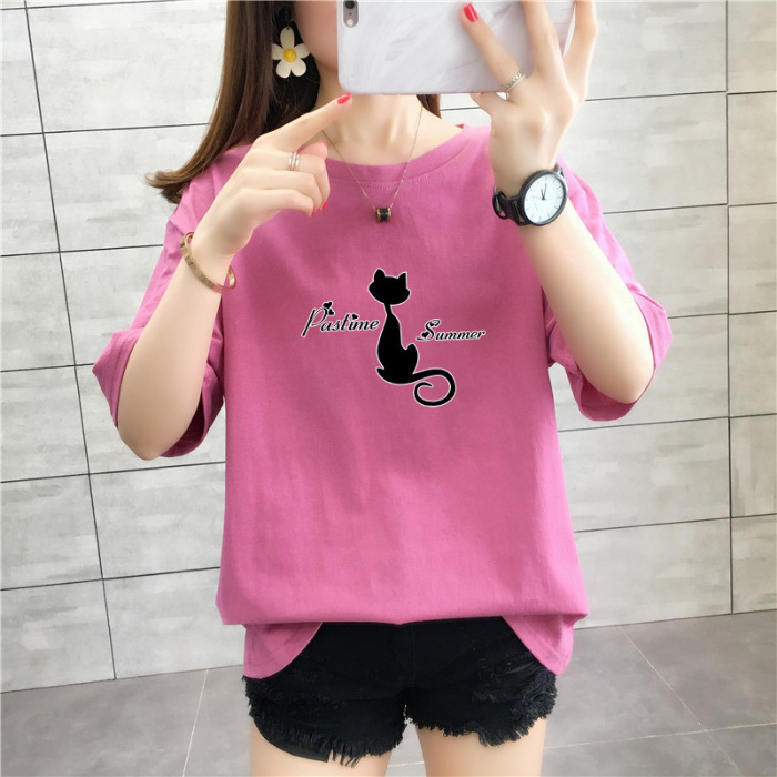 Tricou de damă lejer, plus size, lungime medie, mâneci scurte, 100% bumbac, print anime și desene animate