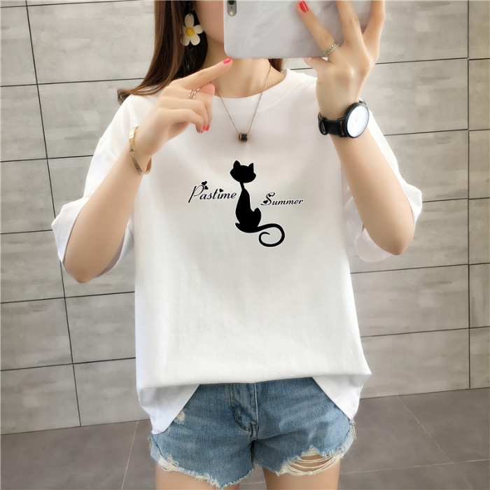 Tricou de damă lejer, plus size, lungime medie, mâneci scurte, 100% bumbac, print anime și desene animate