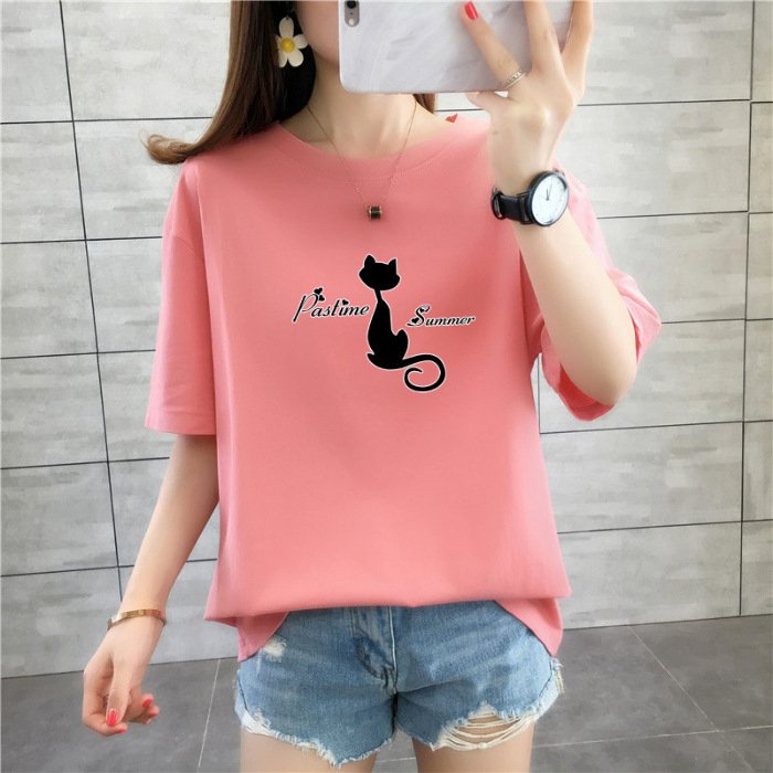 Tricou de damă lejer, plus size, lungime medie, mâneci scurte, 100% bumbac, print anime și desene animate