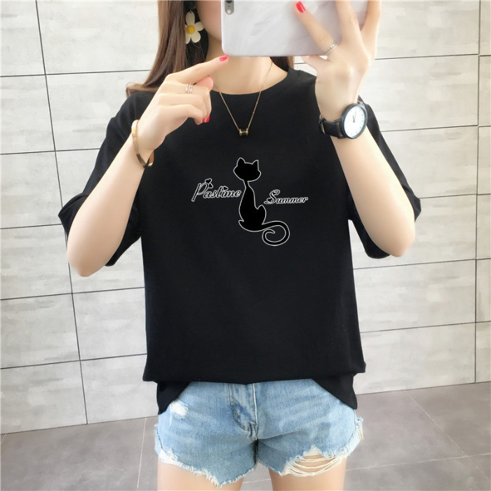 Tricou de damă lejer, plus size, lungime medie, mâneci scurte, 100% bumbac, print anime și desene animate
