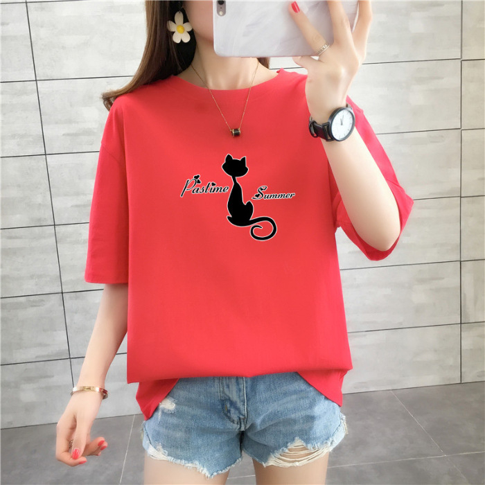 Tricou de damă lejer, plus size, lungime medie, mâneci scurte, 100% bumbac, print anime și desene animate