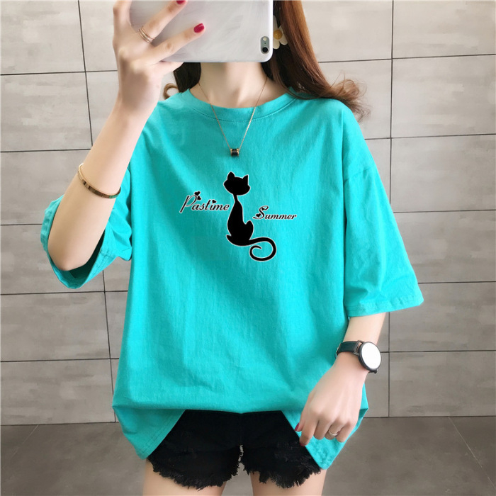 Tricou de damă lejer, plus size, lungime medie, mâneci scurte, 100% bumbac, print anime și desene animate