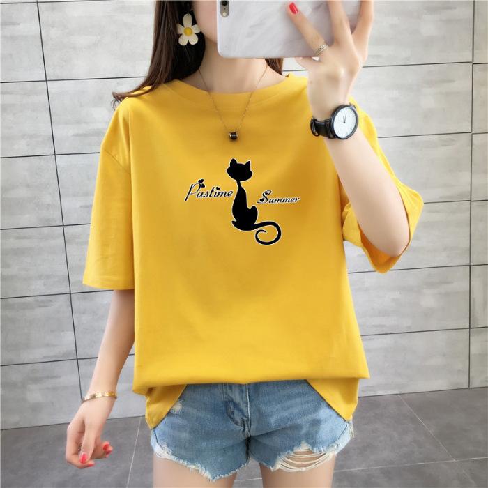 Tricou de damă lejer, plus size, lungime medie, mâneci scurte, 100% bumbac, print anime și desene animate