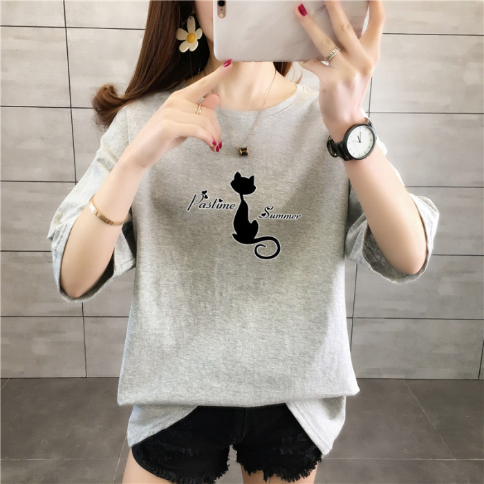 Tricou de damă lejer, plus size, lungime medie, mâneci scurte, 100% bumbac, print anime și desene animate