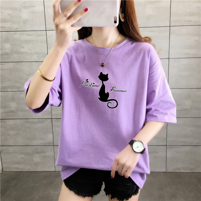 Tricou de damă lejer, plus size, lungime medie, mâneci scurte, 100% bumbac, print anime și desene animate