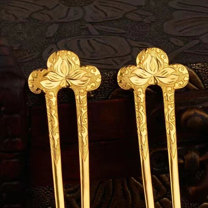 Hanfu hairpin s graviranim zlatim premazom od bakra, mala kosa ukras u antiknom stilu