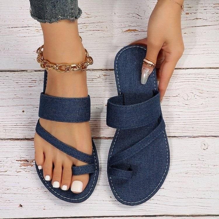 Ženske cipele velikih veličina od denima, denim slip-on sandale, okrugla vrh prsta, ravna podloga, ljeto 2025