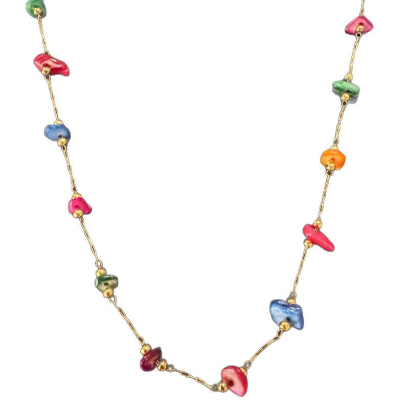 Boho stílusú rozsdamentes acél nyaklánc gyöngyház medállal és színes kagylókkal, hossza 41–50 cm
