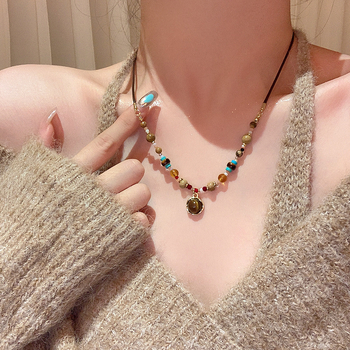Női Tiger Eye gyöngyös nyaklánc, kulcscsonti lánccal, luxus megjelenés, Maillard-stílus