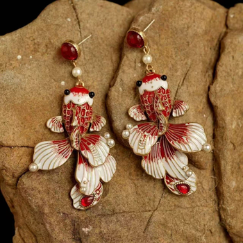 Cercei koi roșii în stil chinezesc, retro, eleganți, de înaltă calitate, noroc roșu
