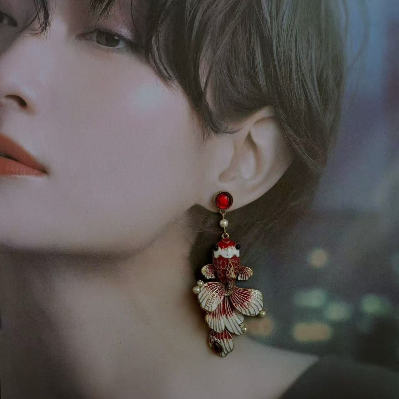 Cercei koi roșii în stil chinezesc, retro, eleganți, de înaltă calitate, noroc roșu