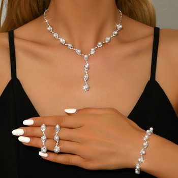 Gyöngyös medálos, rhinestone tassel ékszerszett fülbevalóval, nyaklánccal és karkötővel – kulcscsonthoz érő hosszú nyaklánc, elegáns esküvői és estélyi viselethez