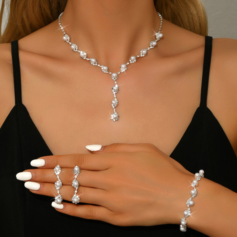 Gyöngyös medálos, rhinestone tassel ékszerszett fülbevalóval, nyaklánccal és karkötővel – kulcscsonthoz érő hosszú nyaklánc, elegáns esküvői és estélyi viselethez