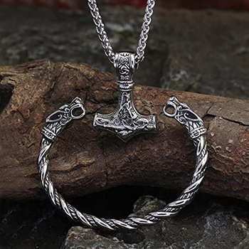 Viking retro rúna kalapács nyaklánc és farkasfej karkötő – ékszerkészlet